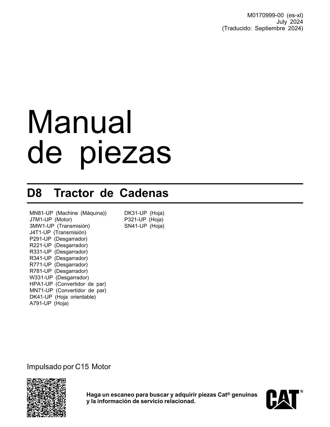 Caterpillar D8 Tractor de Cadenas Manual de piezas M0170999ES-XL Español