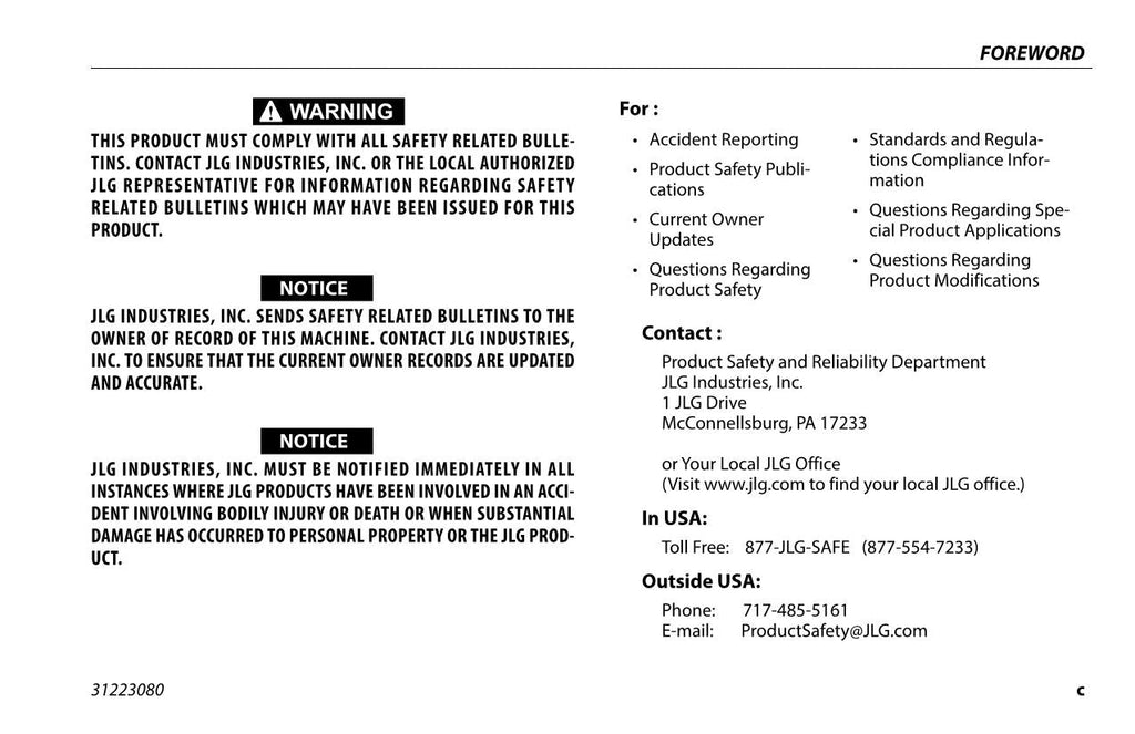 JLG 830P Vertical Mast Maintenance Operation Operators Manual 31223080
