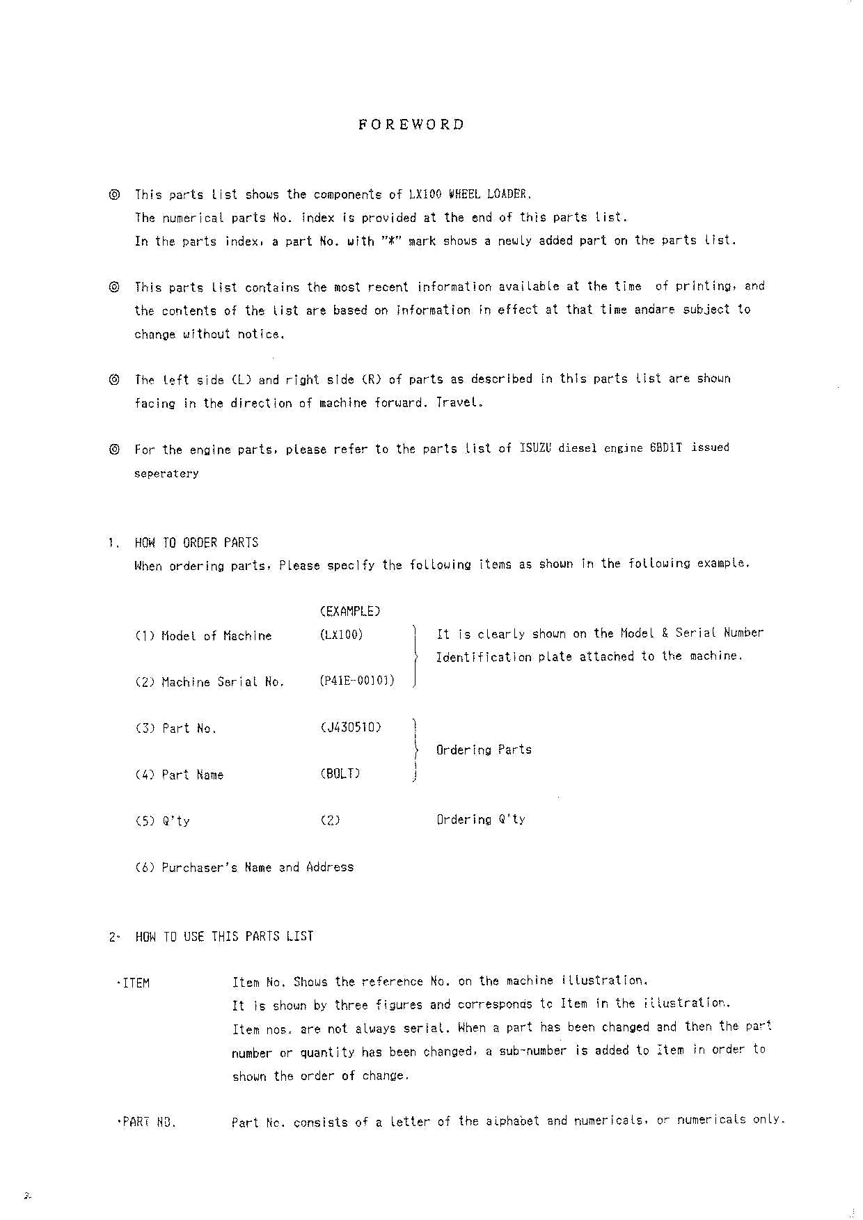 Hitachi LX100 Wheel Loader Parts Catalog Manual SN 00101-up