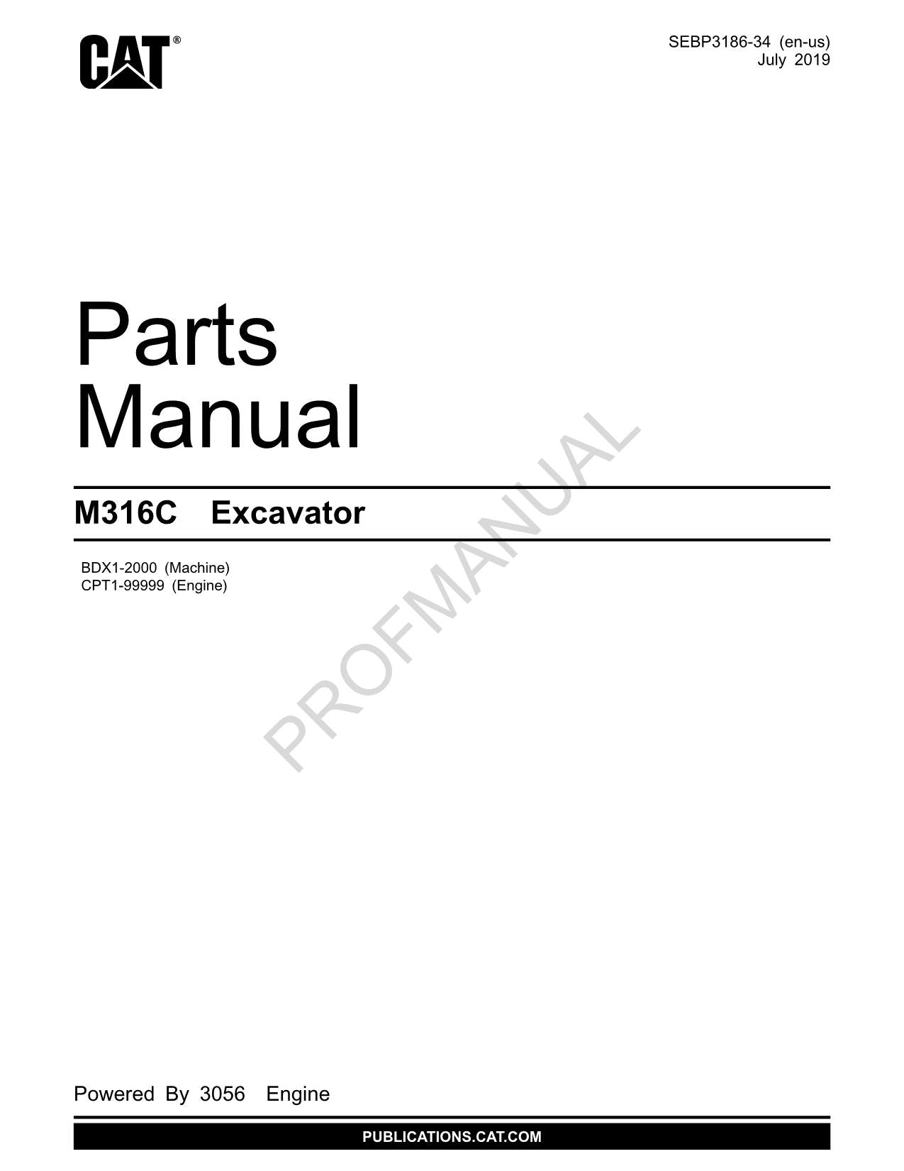 Caterpillar Cat M316C Excavator Parts Catalog Manual ser BDX1-2000 CPT1-UP