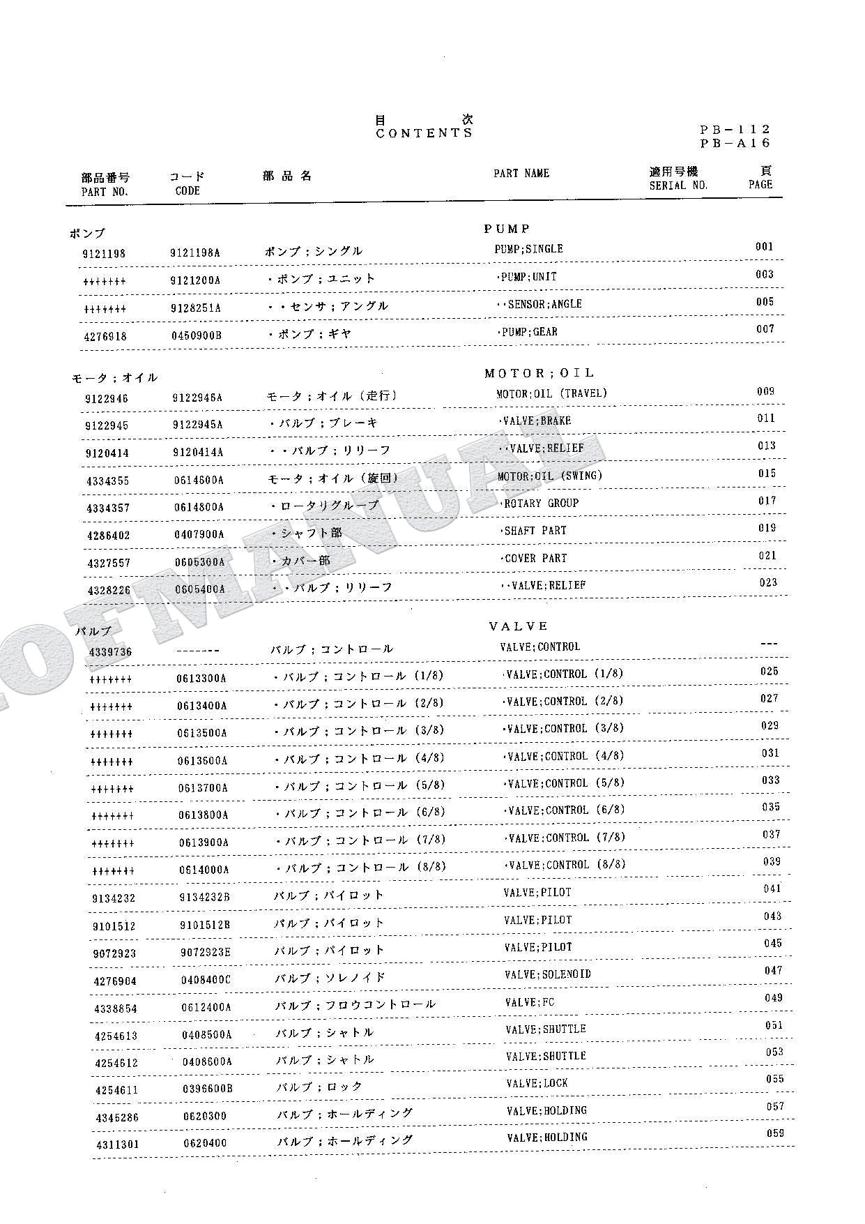 HITACHI EX100-3 Equipment Component Excavator Parts Catalog Manual