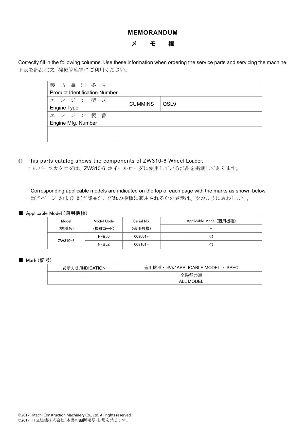 Hitachi ZW310-6 Europe Specification Wheel Loader Parts Catalog Manual