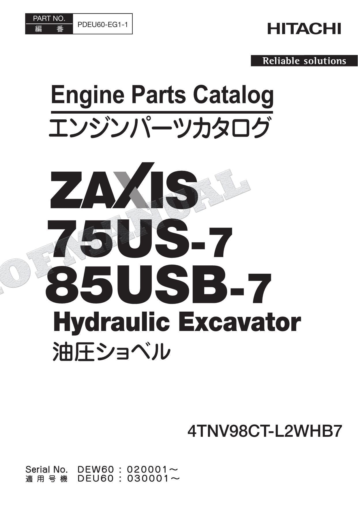 HITACHI ZAXIS ZX75US-7 ZX85USB-7 4TNV98CT-L2WHB7 Engine Parts Catalog Manual