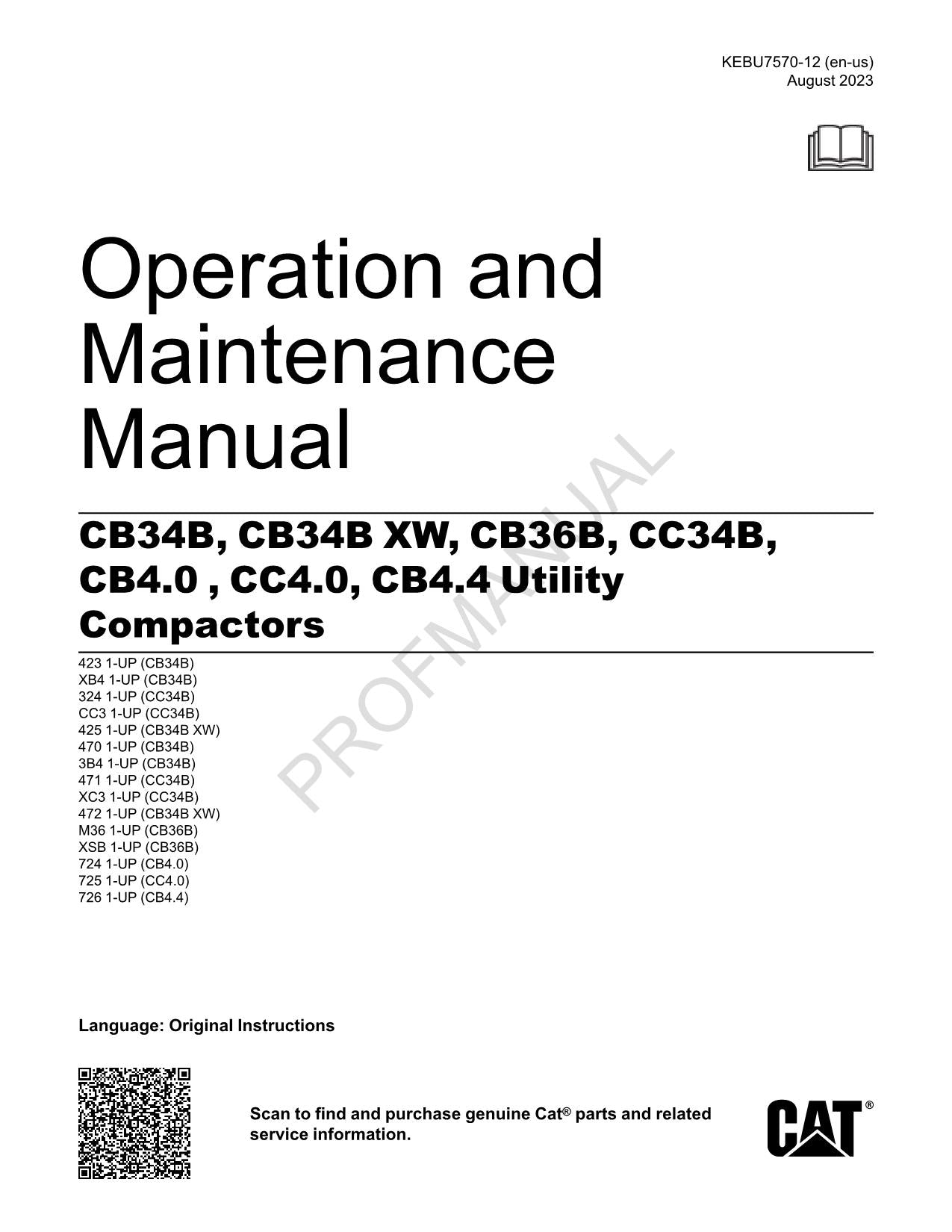 Caterpillar CC34B CB4.0 CC4.0 CB4.4 Utility Compactor Operators Manual