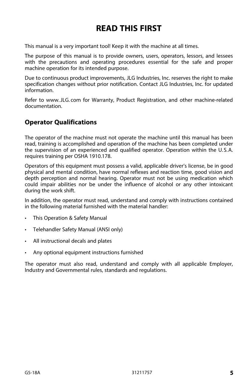 Manual del operador de mantenimiento y operación del manipulador telescópico JLG G5-18A 31211757