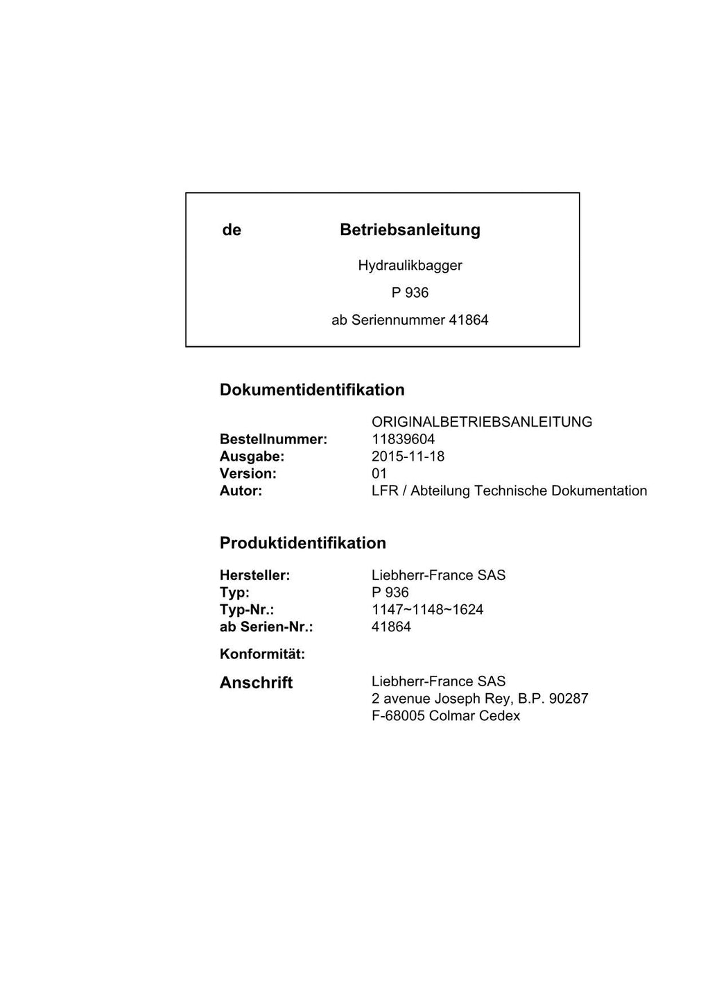 Liebherr P936 Hydraulikbagger Betriebsanleitung