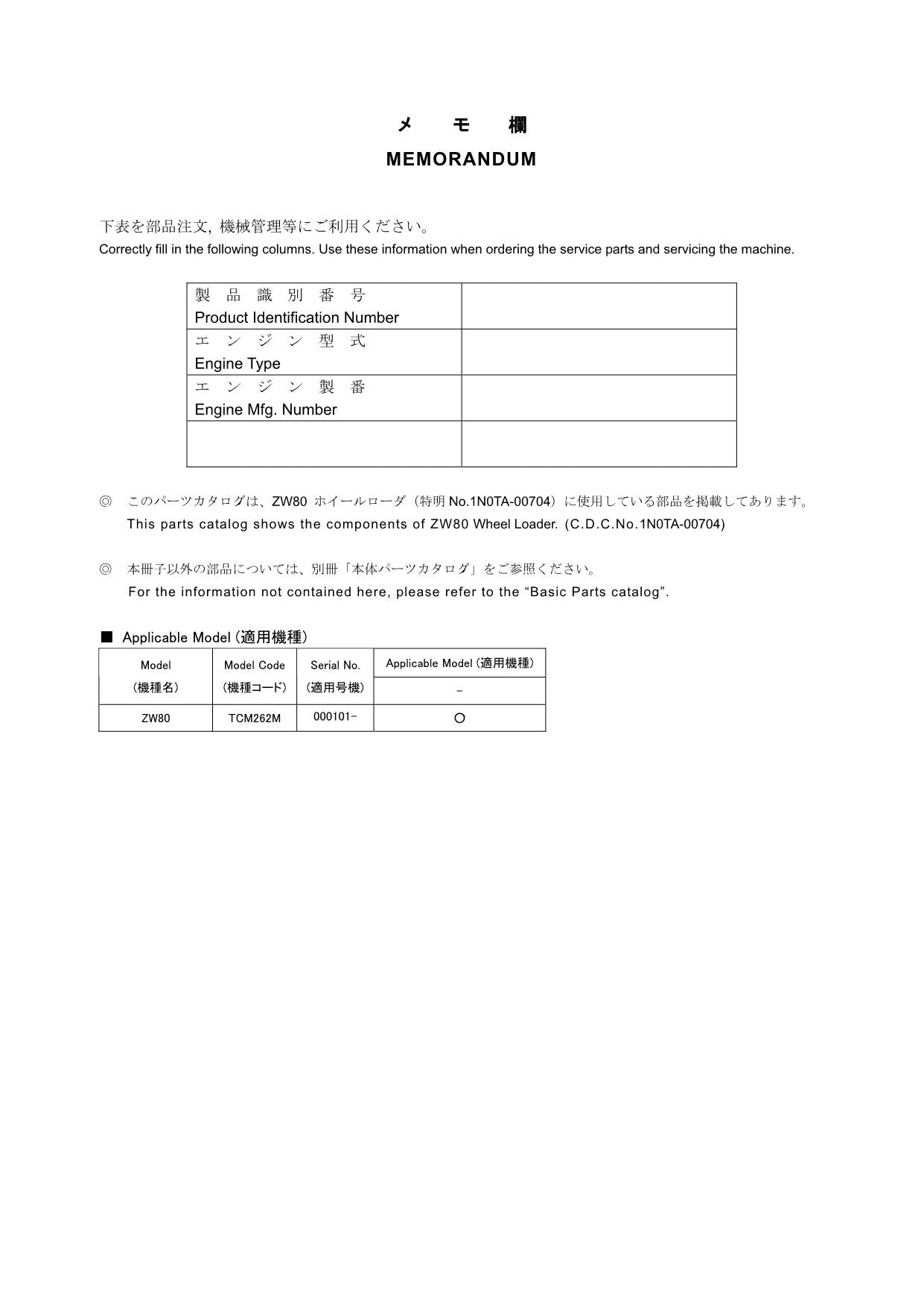 Hitachi ZW80 No.1N0TA-00704 Wheel Loader Parts Catalog Manual SN 000101-up