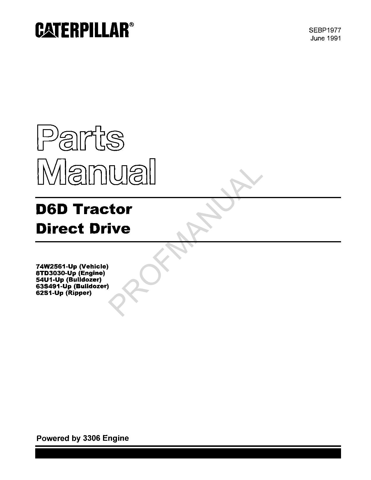 Caterpillar Cat D6D Tractor Direct Drive Parts Catalog Manual SEBP1977
