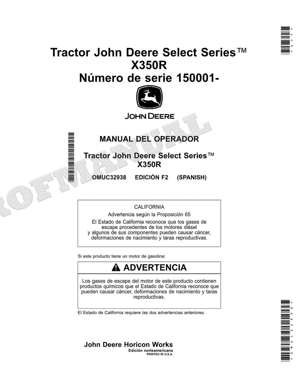 John Deere X350R Tractor Manual del Operador Español SN 150001-
