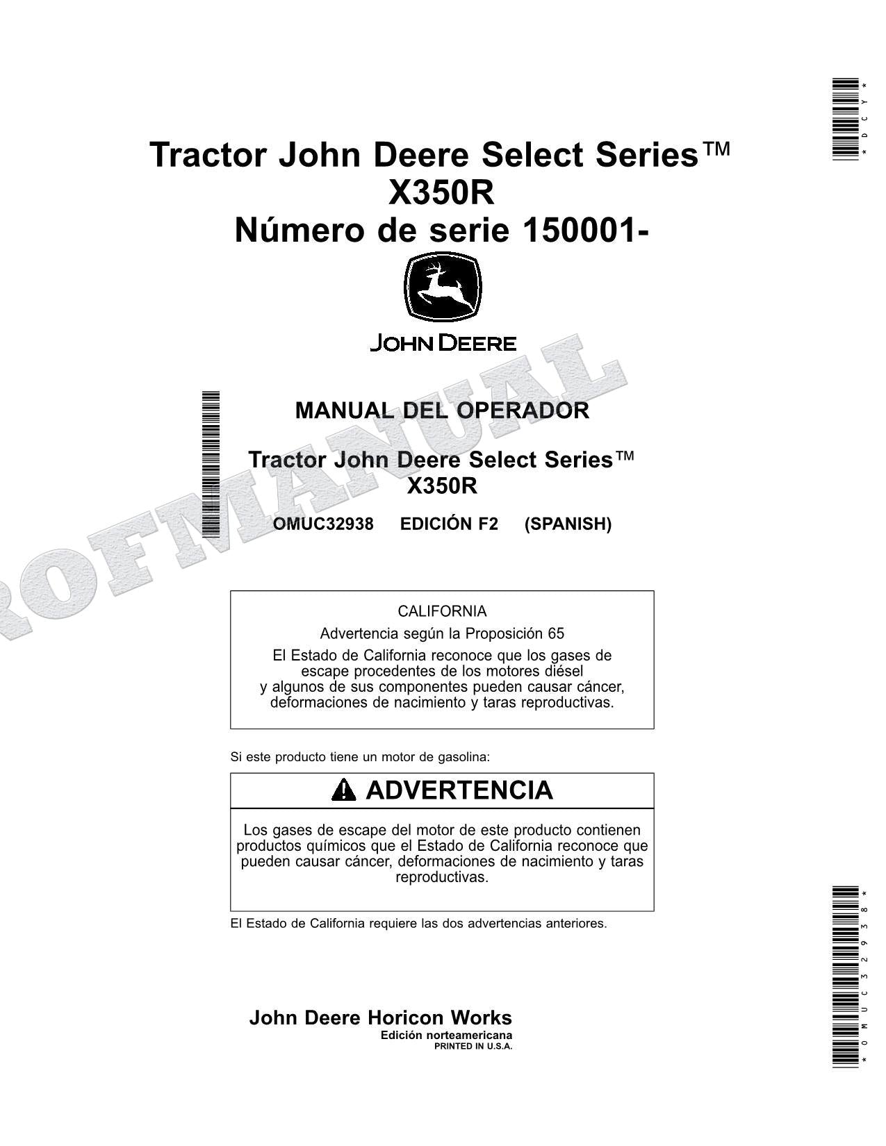 John Deere X350R Tractor Manual del Operador Español SN 150001-