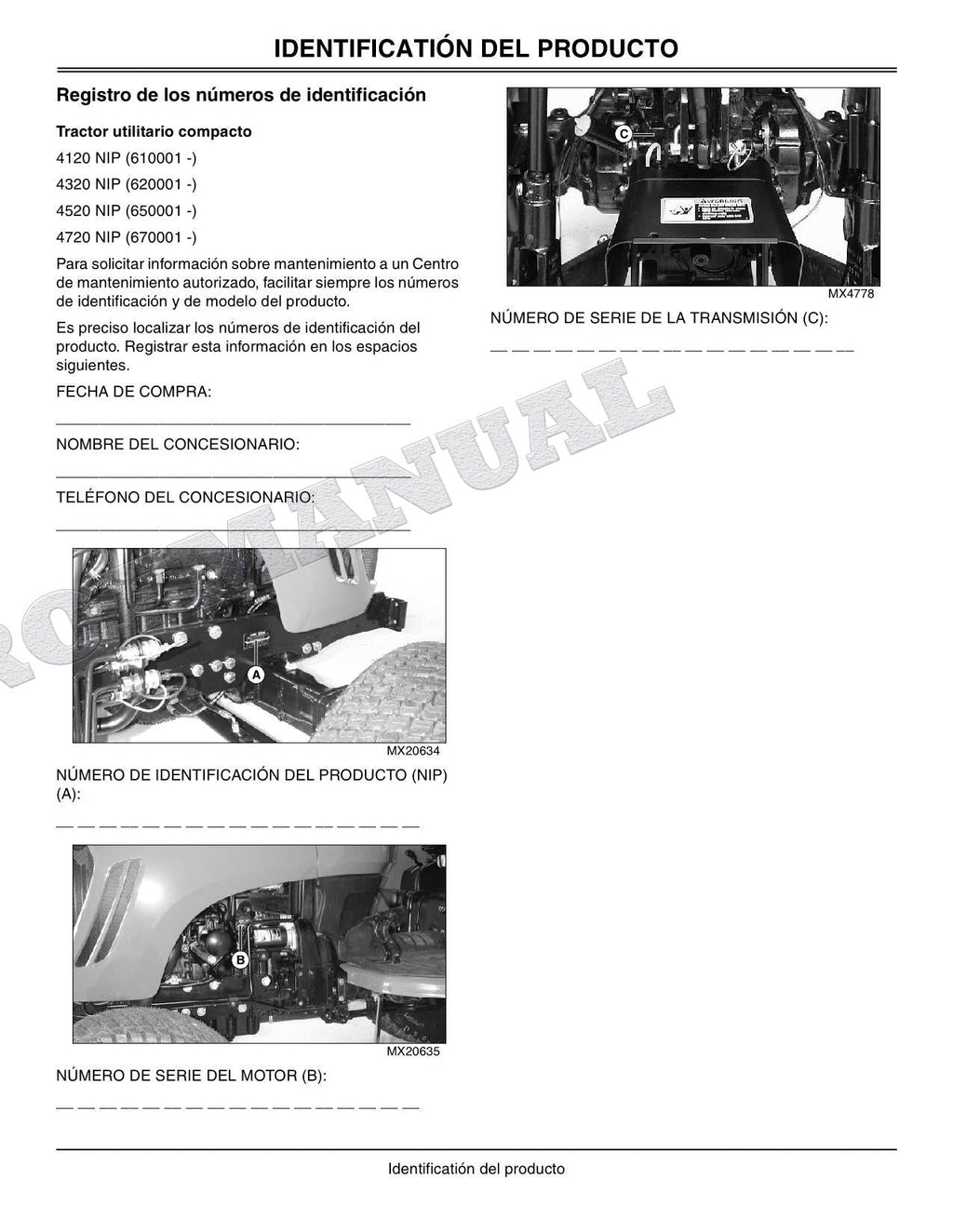 John Deere SN 4120 610001-810000 4320 620001-810000 Tractor Manual del Operador