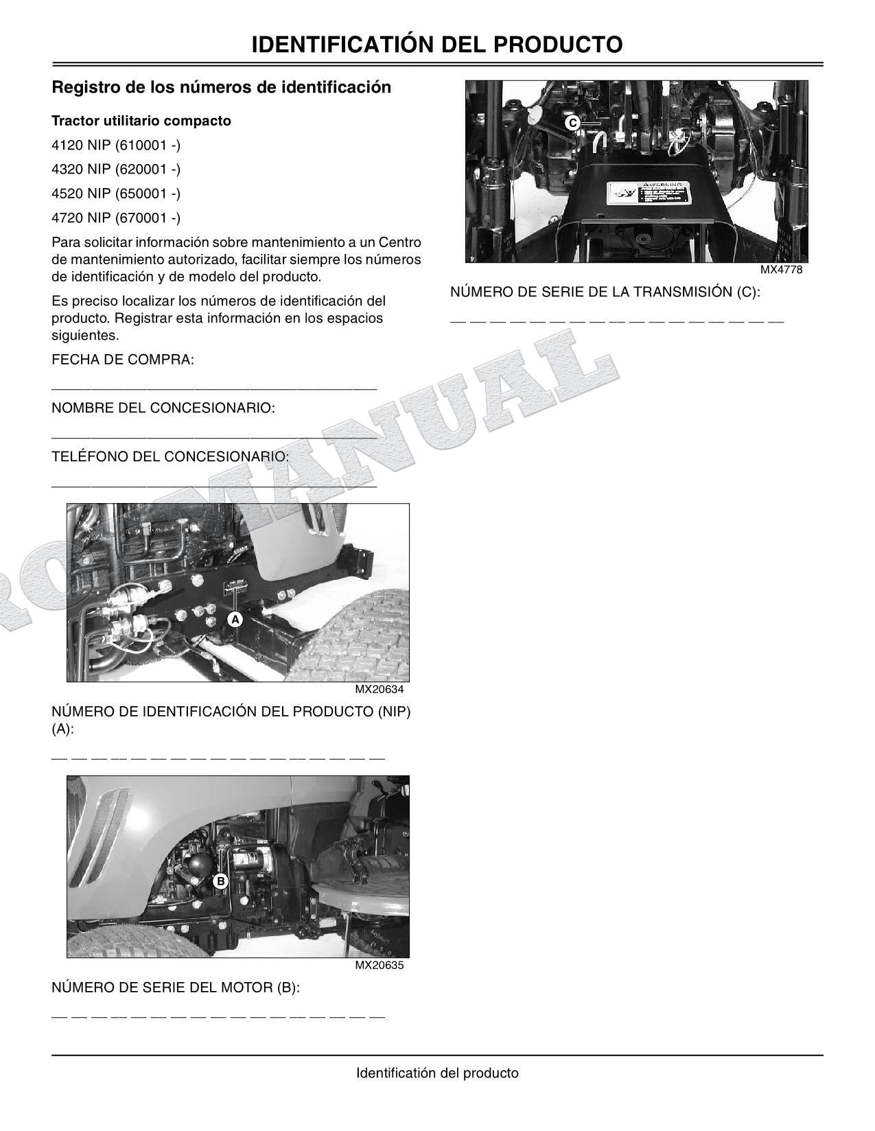 John Deere SN 4120 610001-810000 4320 620001-810000 Tractor Manual del Operador
