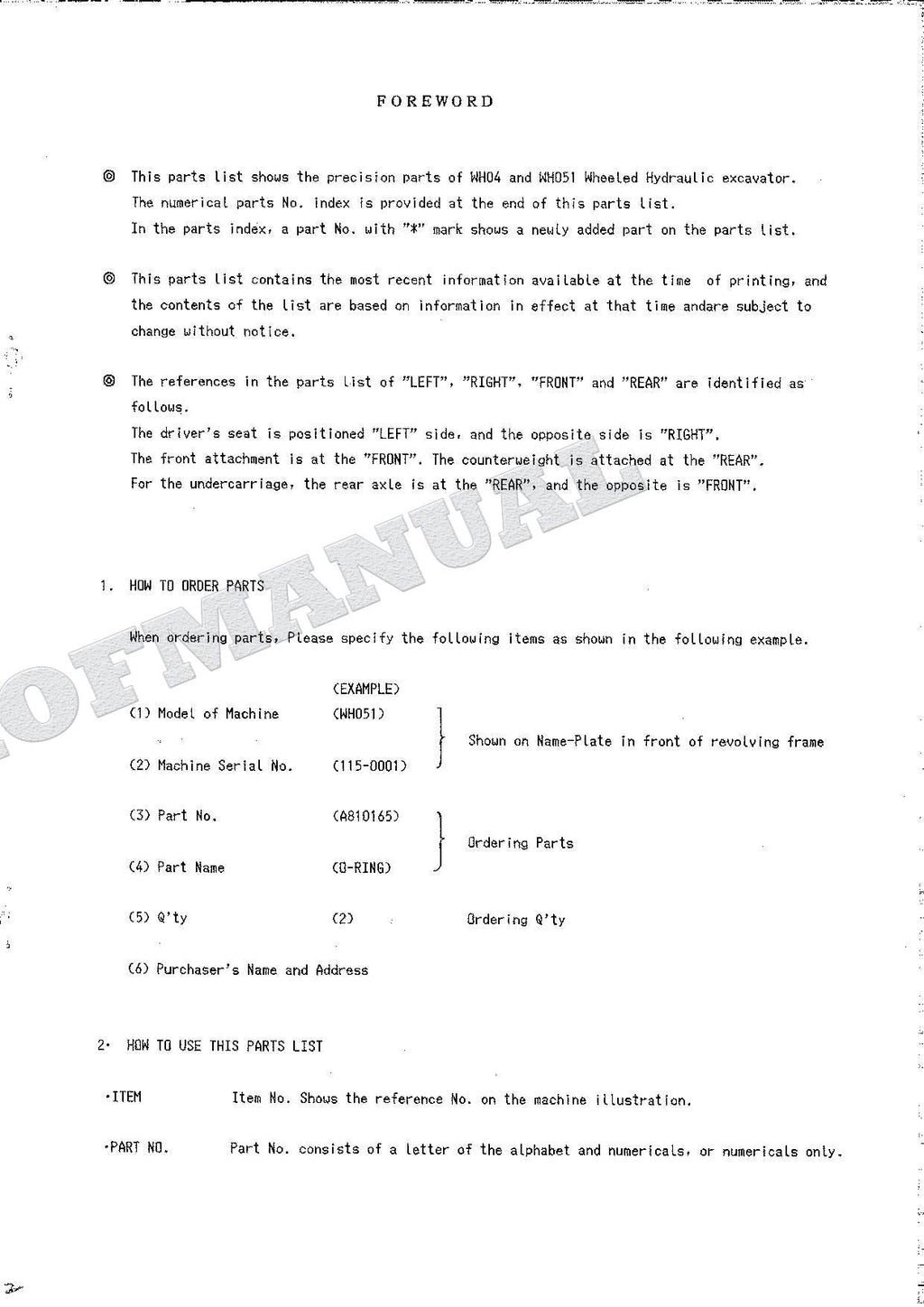 HITACHI WH04 WH051 Equipment Component Excavator Parts Catalog Manual SN 0001-