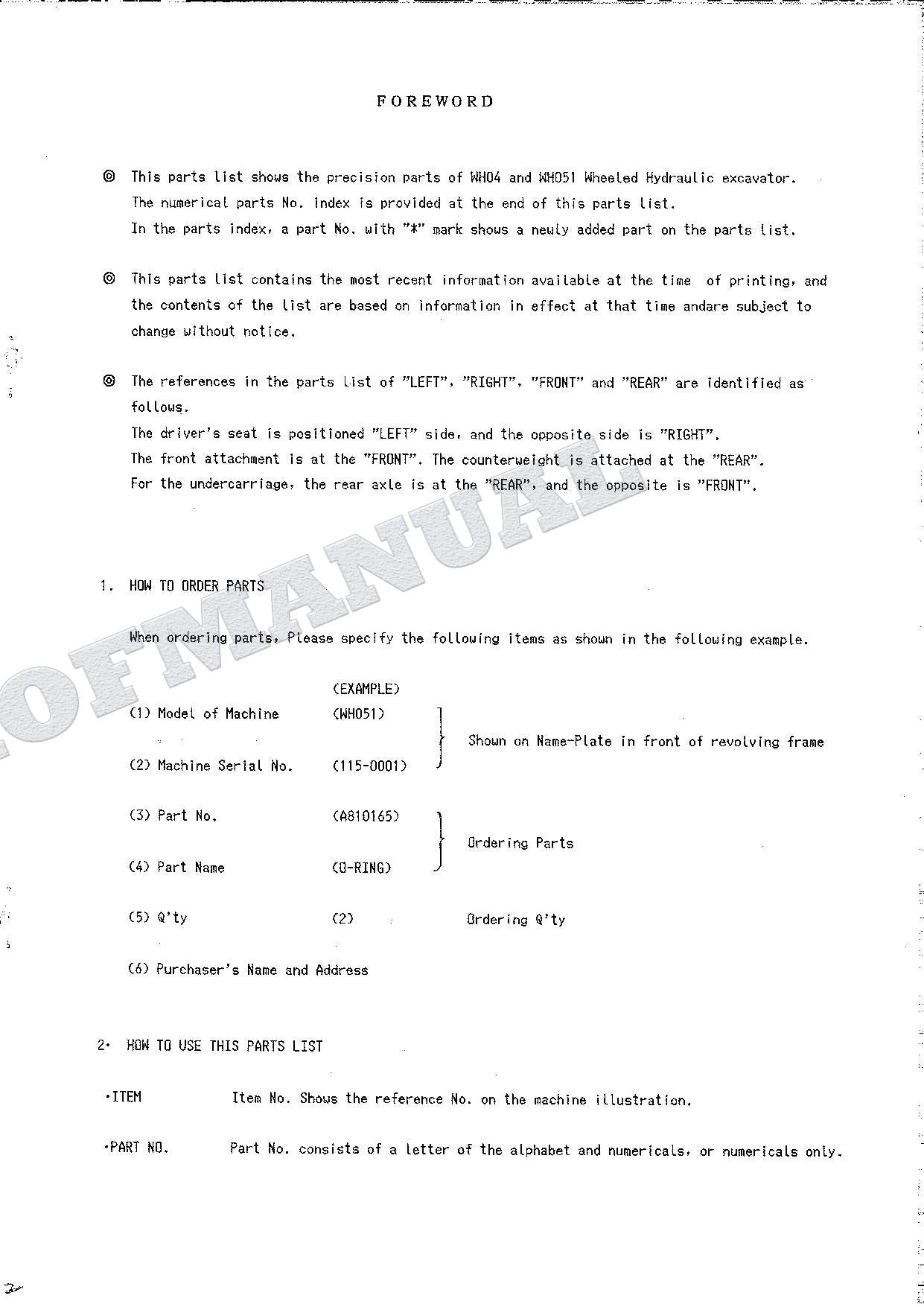 HITACHI WH04 WH051 Equipment Component Excavator Parts Catalog Manual SN 0001-
