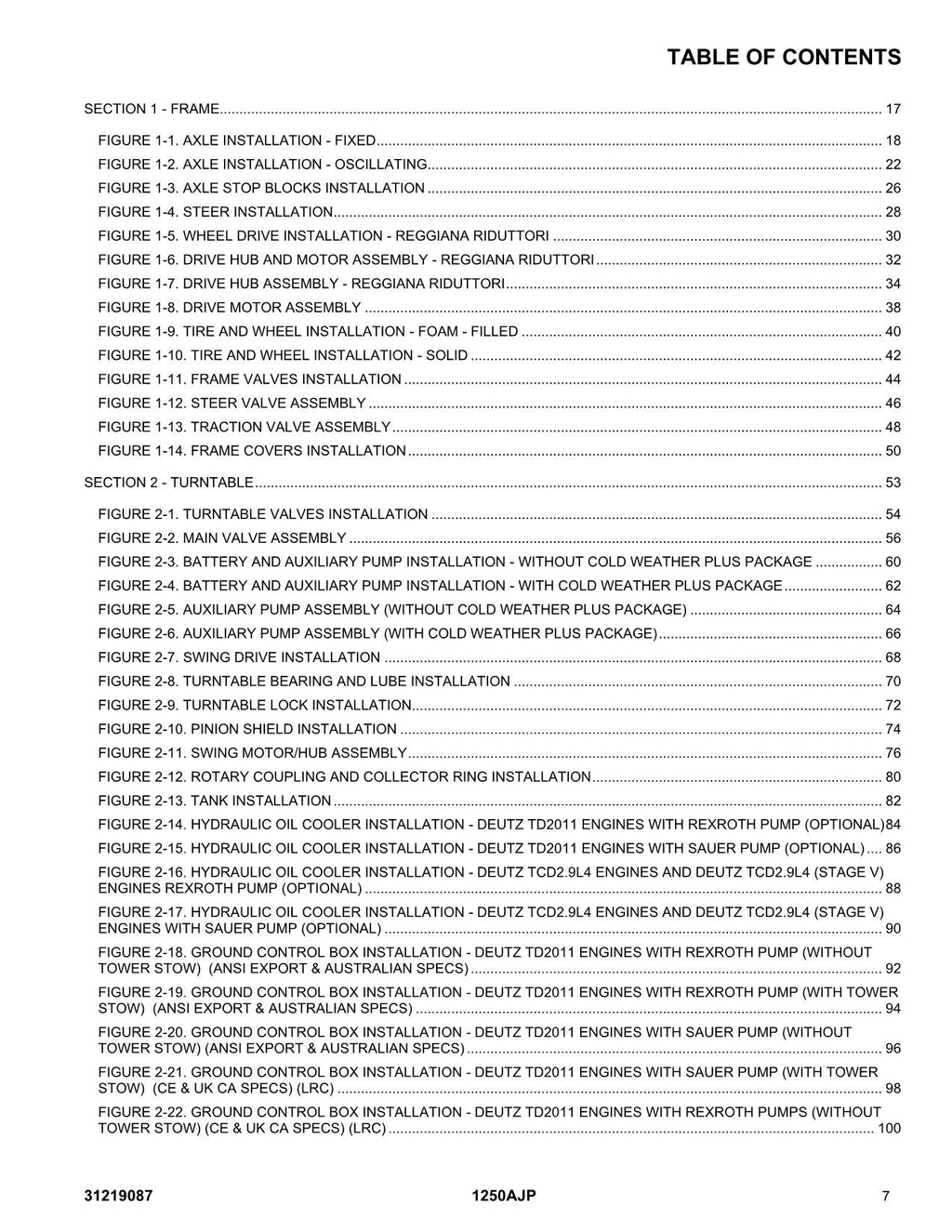 JLG 1250AJP Boom Lift  Parts Catalog Manual 31219087
