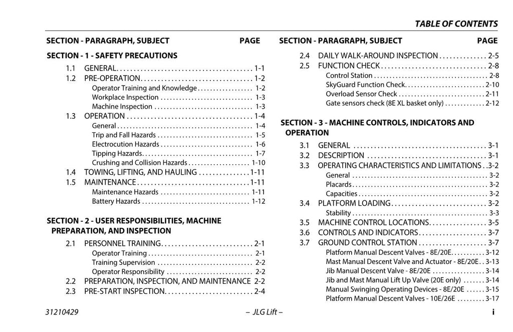 TOUCAN 10E 20E 26E 8E Vertical Lift Maintenance Operators Manual 31210429