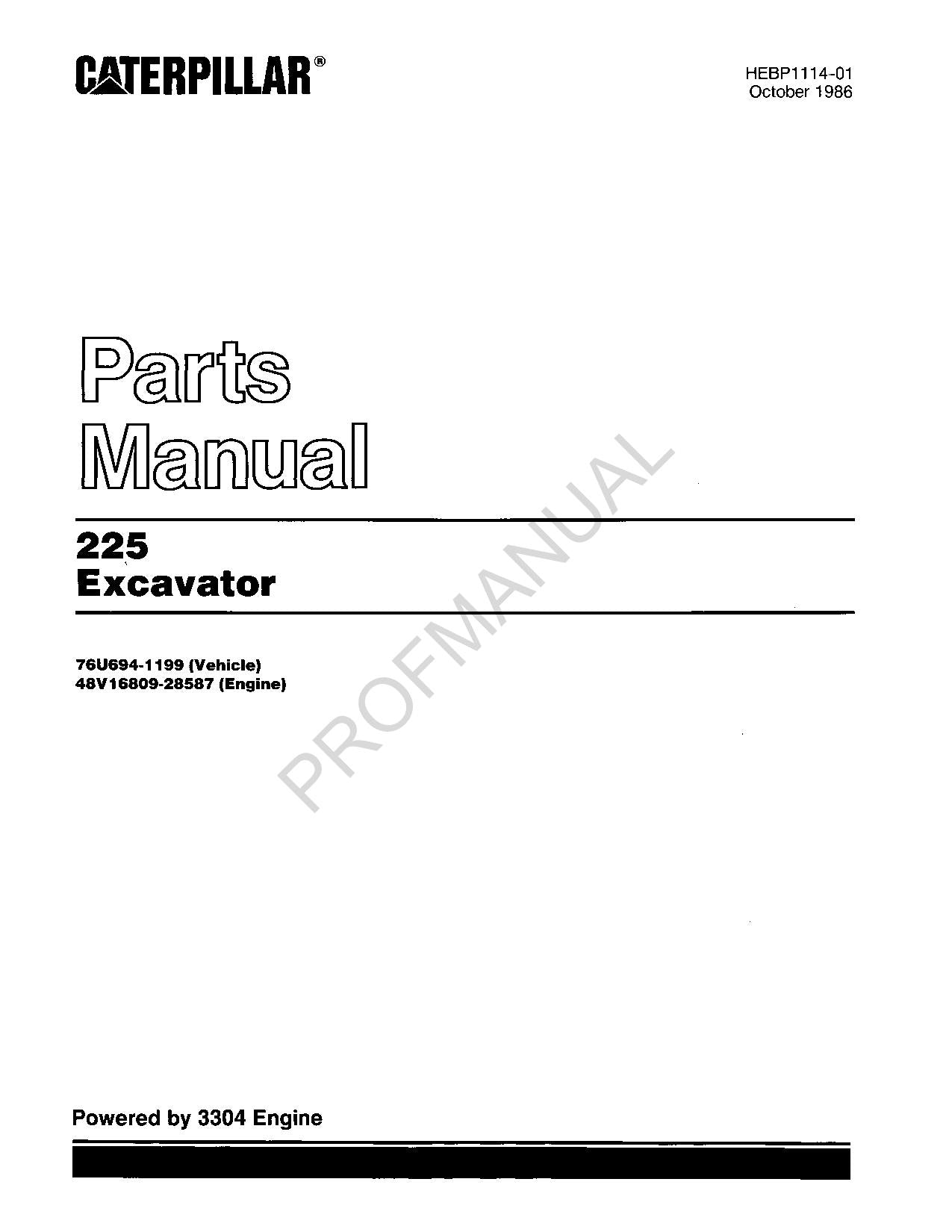 Catálogo de piezas de la excavadora Caterpillar 225, manual, serie 76U694-1199, 48V16809-28587