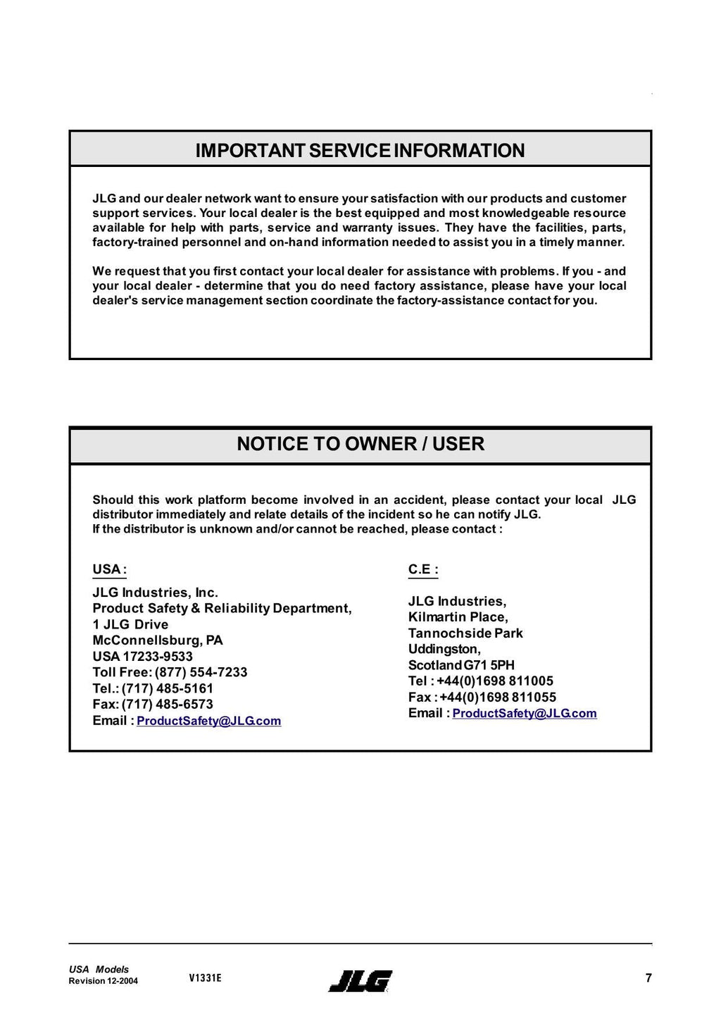 TOUCAN V1331E Vertical Lift Maintenance Operation Operators Manual