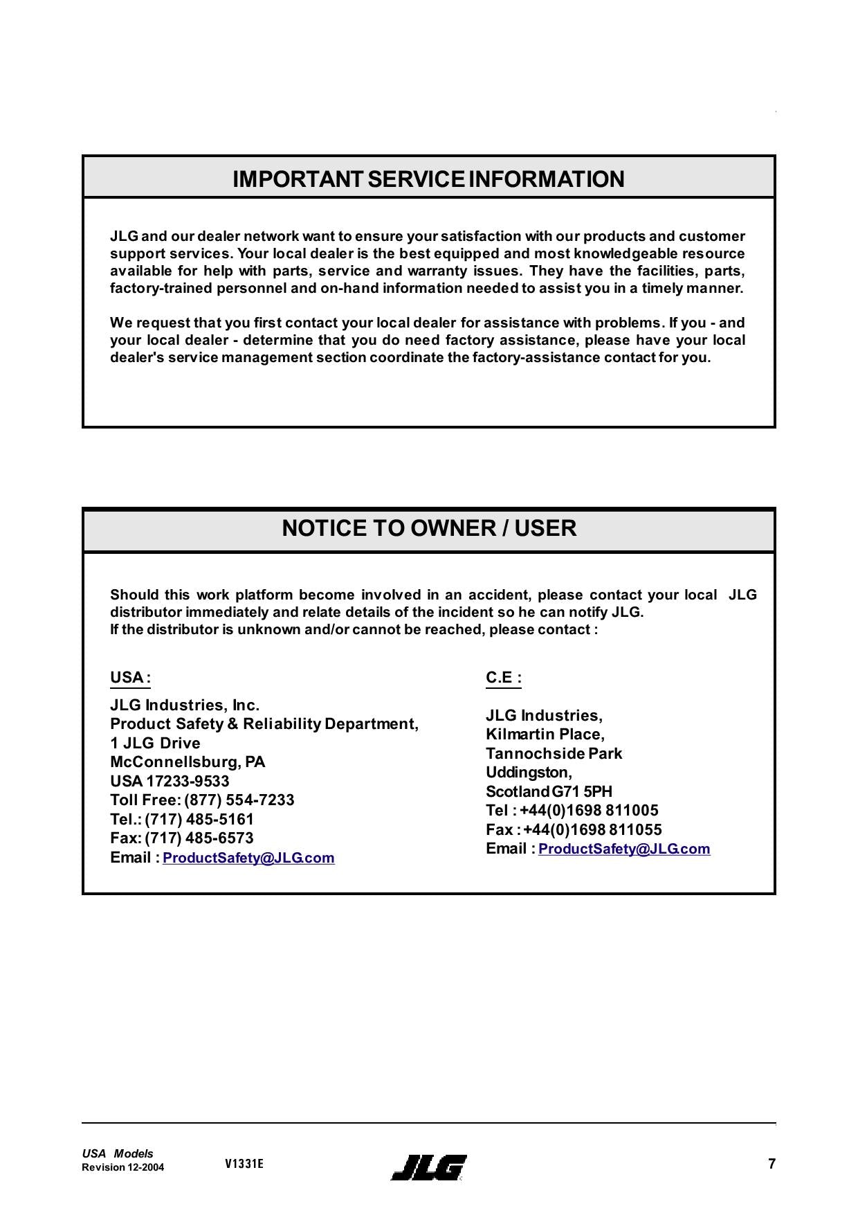 TOUCAN V1331E Vertical Lift Maintenance Operation Operators Manual