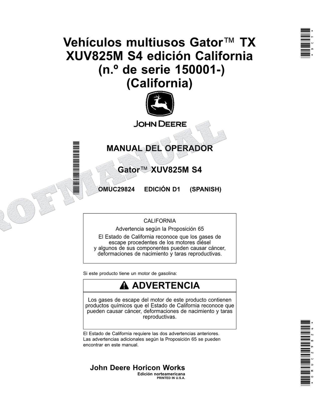 John Deere XUV825M S4 cocodrilo Manual del Operador Español SN 050001-070000