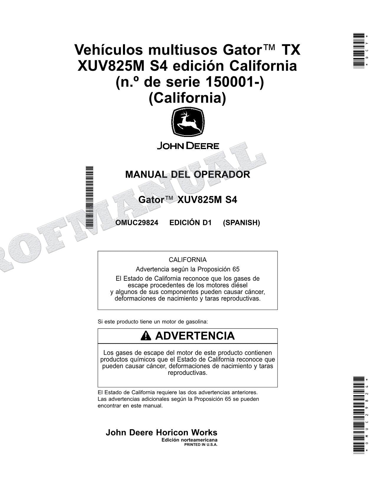 John Deere XUV825M S4 cocodrilo Manual del Operador Español SN 050001-070000