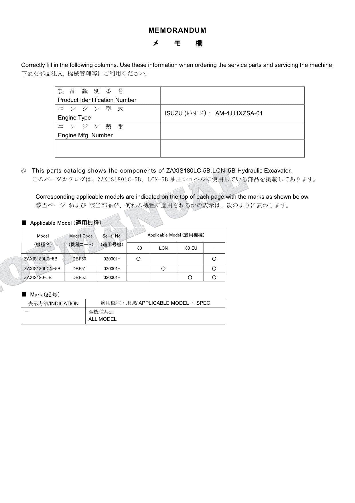 HITACHI ZAXIS ZAXIS180LC-5B ZX180LCN-5B Excavator Parts Catalog Manual