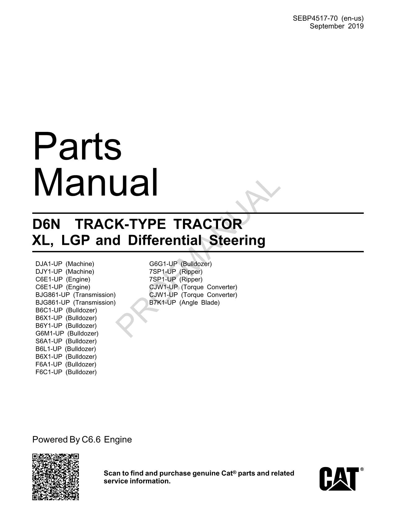 Caterpillar Cat D6N Track Type Tractor XL LGP Parts Catalog Manual