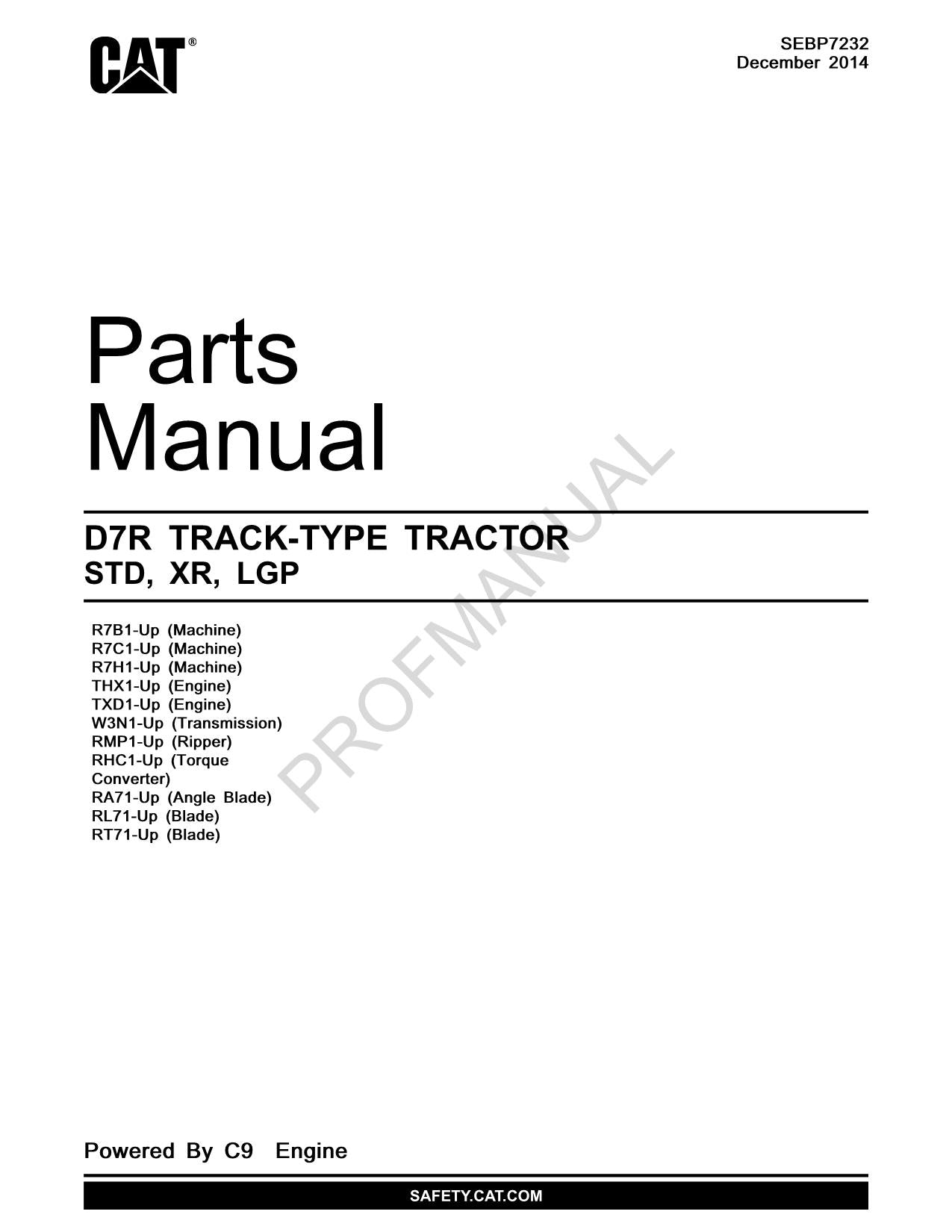 Caterpillar Cat D7R STD XR LGP TRACK TYPE TRACTOR Parts Catalog Manual SEBP7232