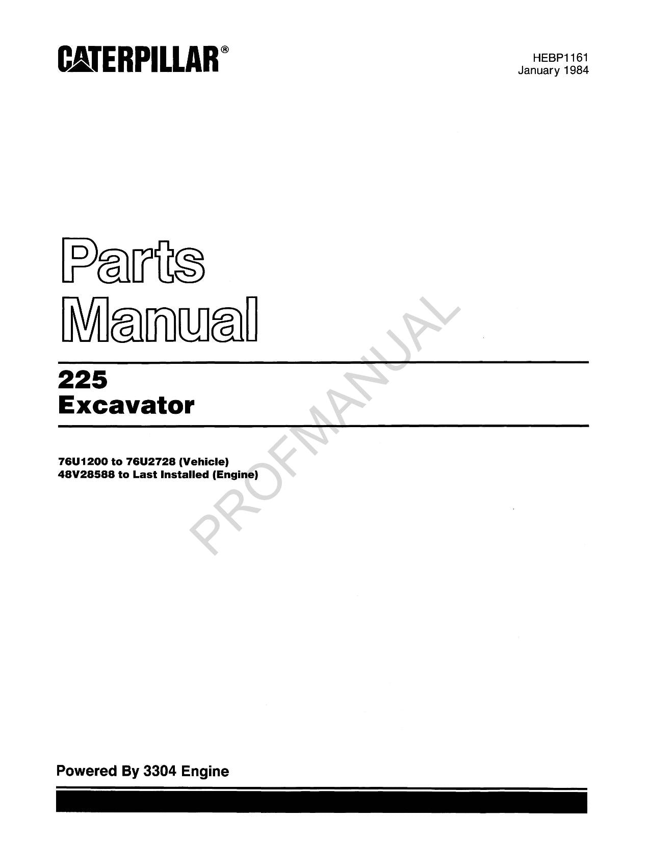 Catálogo de piezas de la excavadora Caterpillar 225 Manual ser 76U1200-76U2728 48V28588-Up