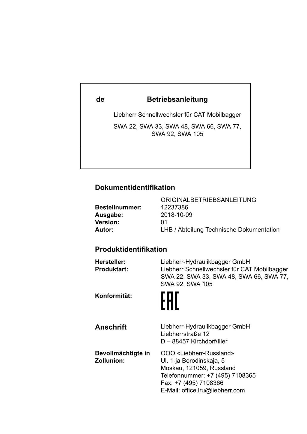 Liebherr SWA22 SWA33 SWA48 SWA66 SWA77 SWA92 SWA105 bagger Betriebsanleitung RU