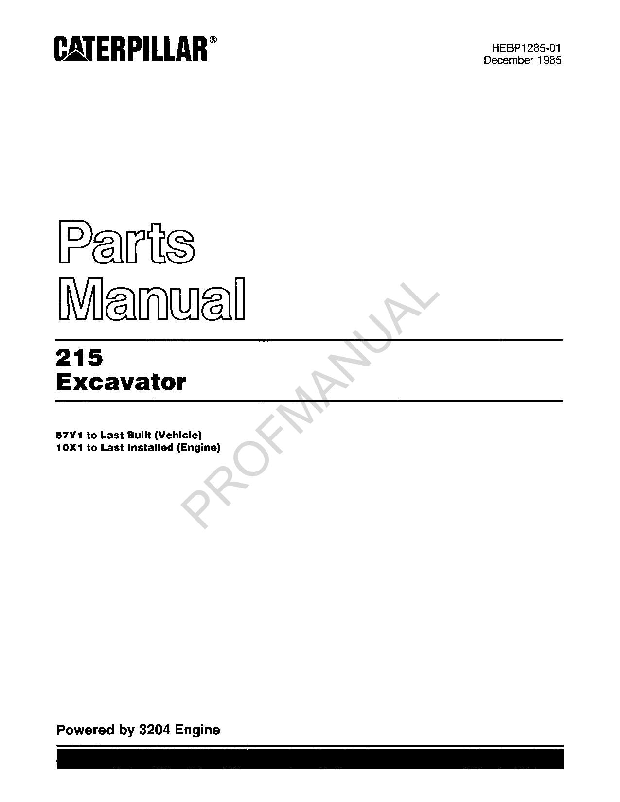 Caterpillar Cat 215 Excavator Parts Catalog Manual ser ser 10X1-Up 57Y1-Up