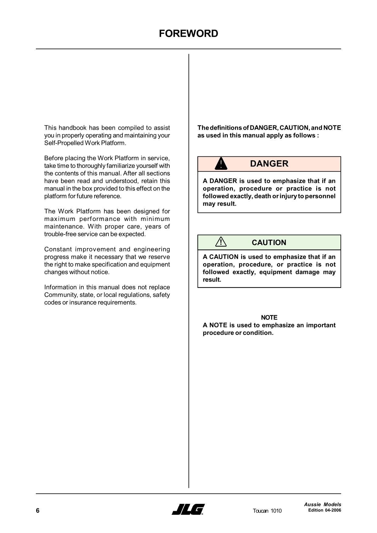 TOUCAN 1010 Vertical Lift Maintenance Operation Operators Manual