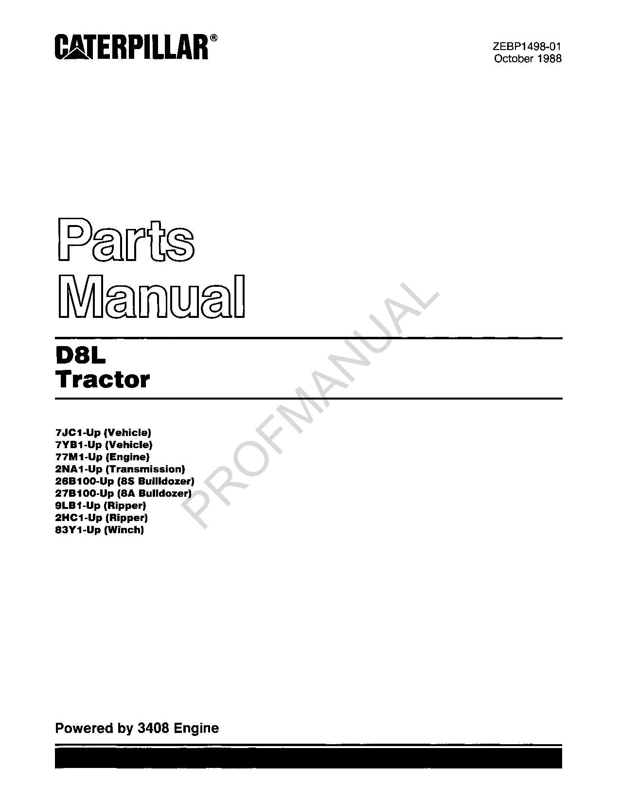 Caterpillar Cat D8L Tractor Parts Catalog Manual ZEBP1498