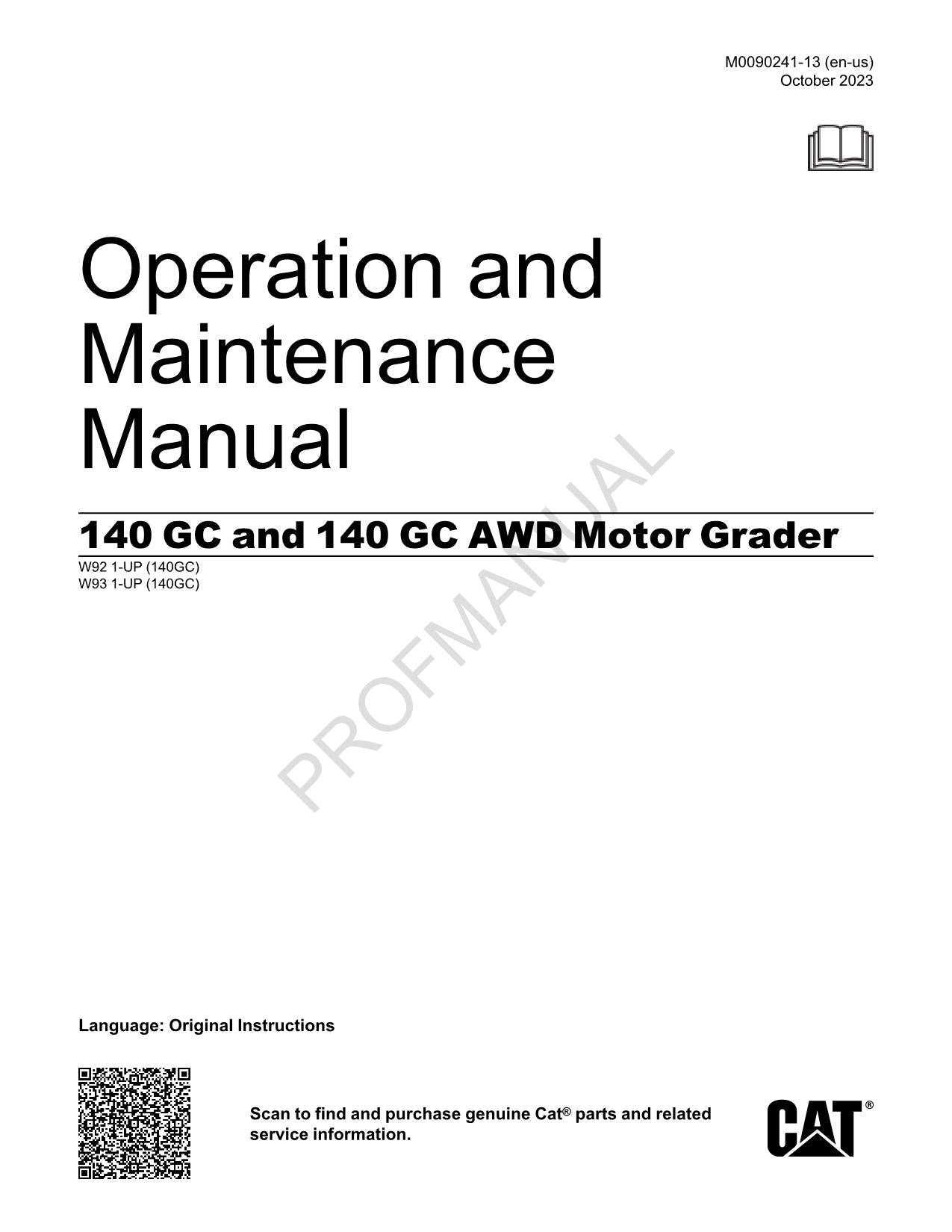Manual de mantenimiento del operador de la motoniveladora Caterpillar 140 GC W931-up W921-up