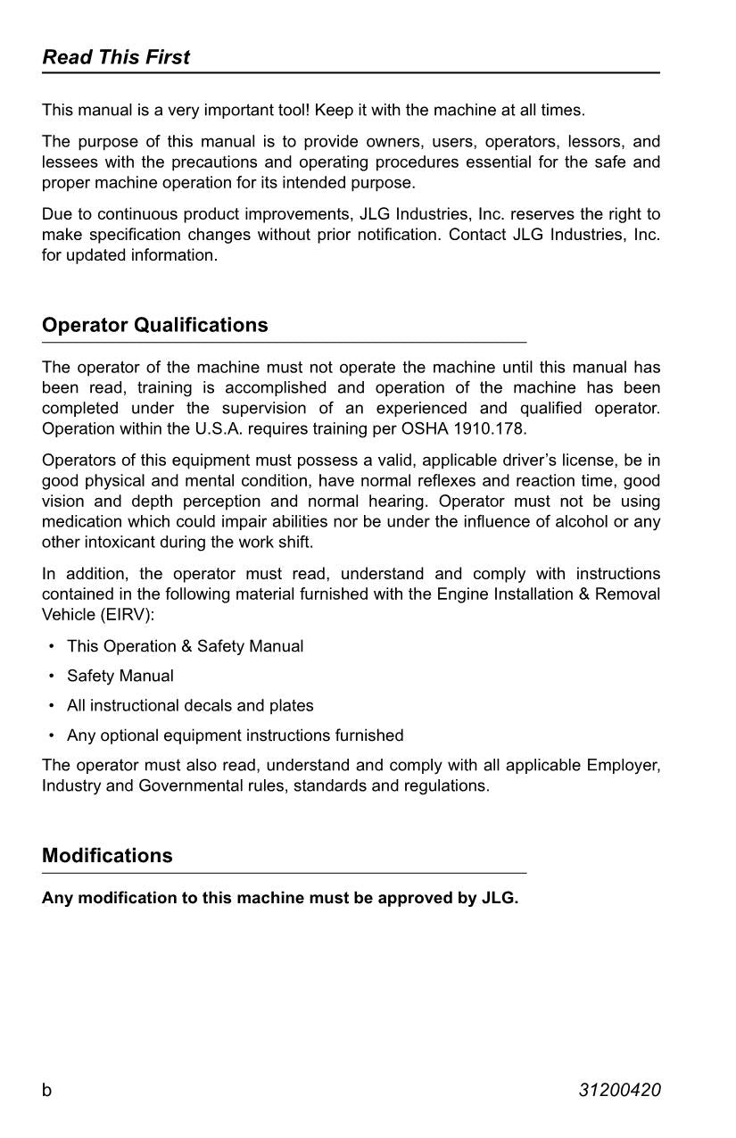Manual del operador de mantenimiento y operación del manipulador telescópico JLG EIRV
