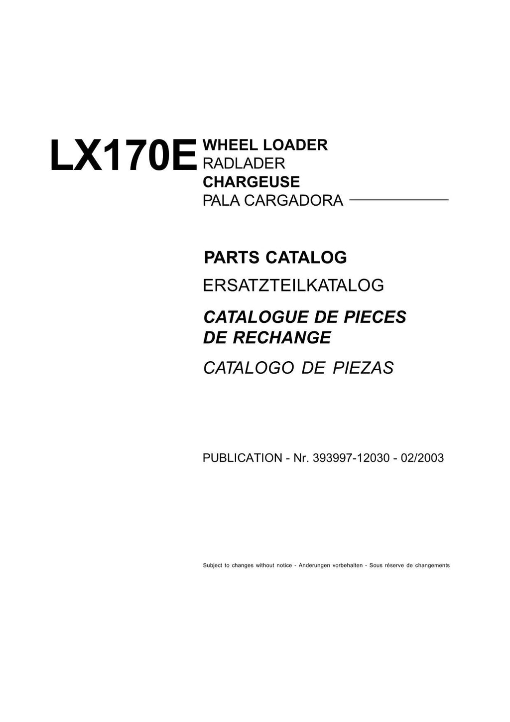 Hitachi LX170E Wheel Loader Parts Catalog Manual SN 384F1001-up