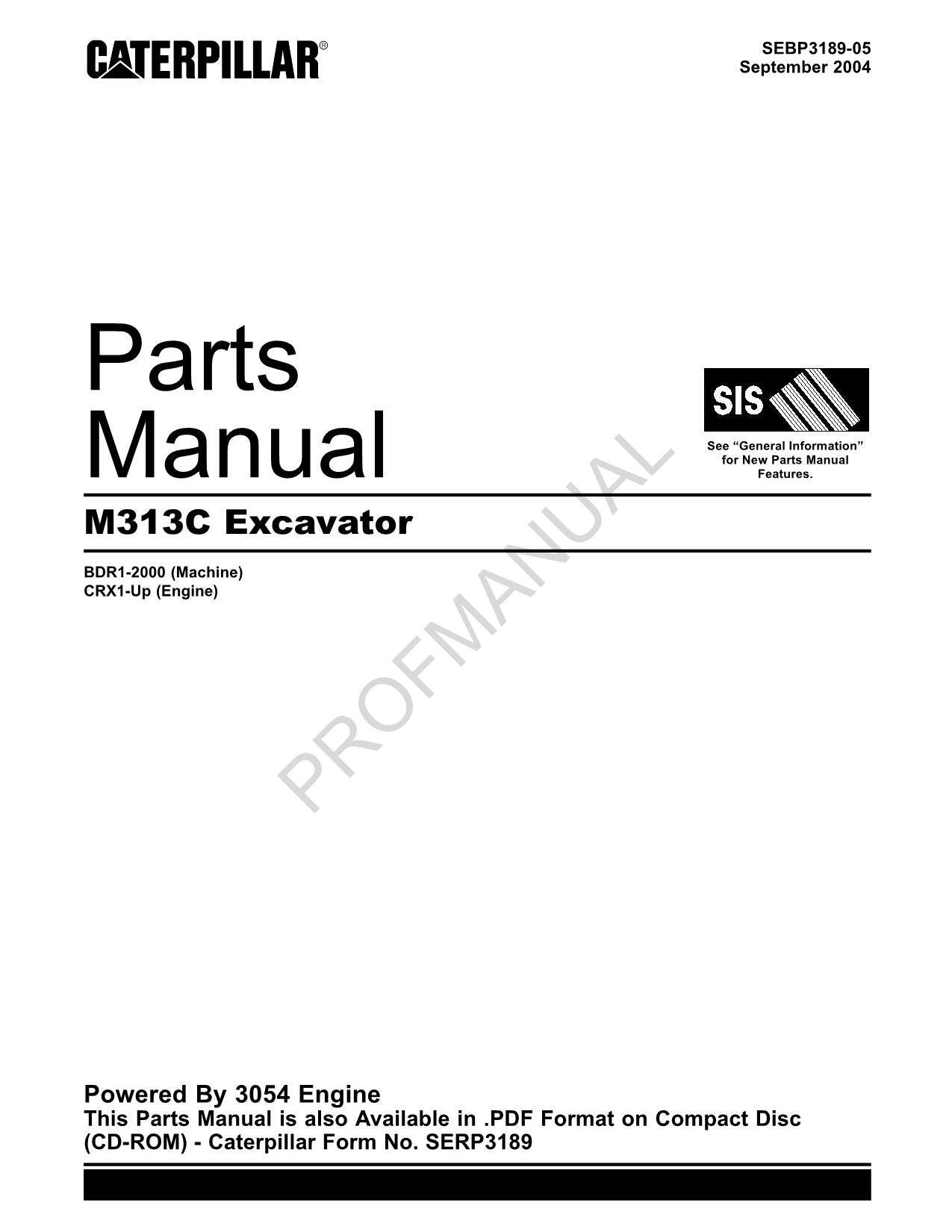 Caterpillar Cat M313C Excavator Parts Catalog Manual ser BDR1-2000 CRX1-Up