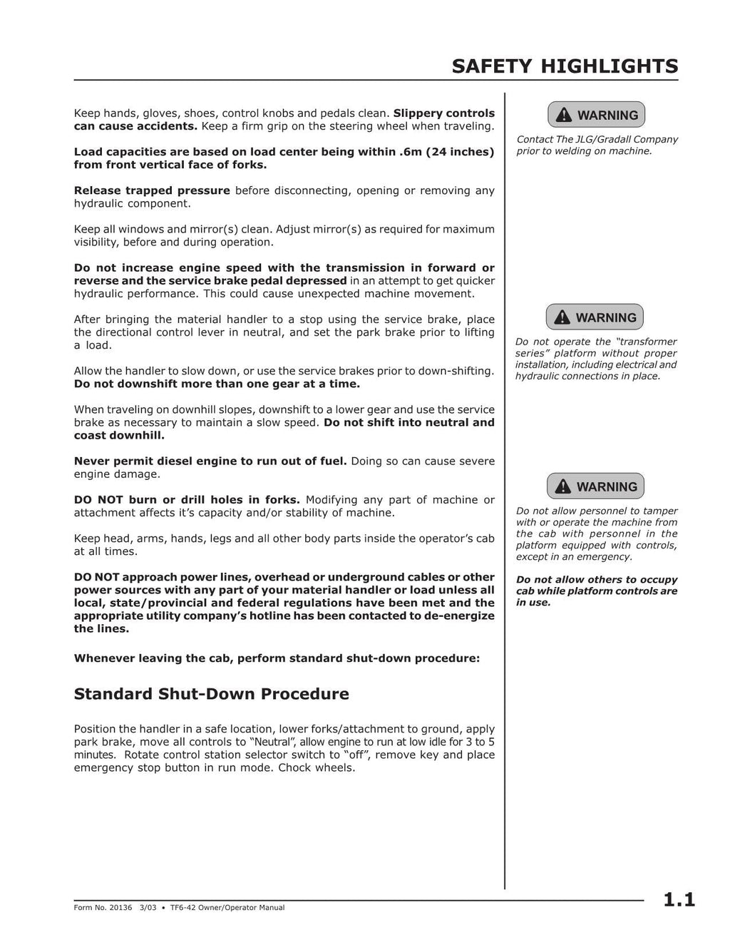 GRADALL JLG TF6-42 Telehandler Maintenance Operation Operators Manual