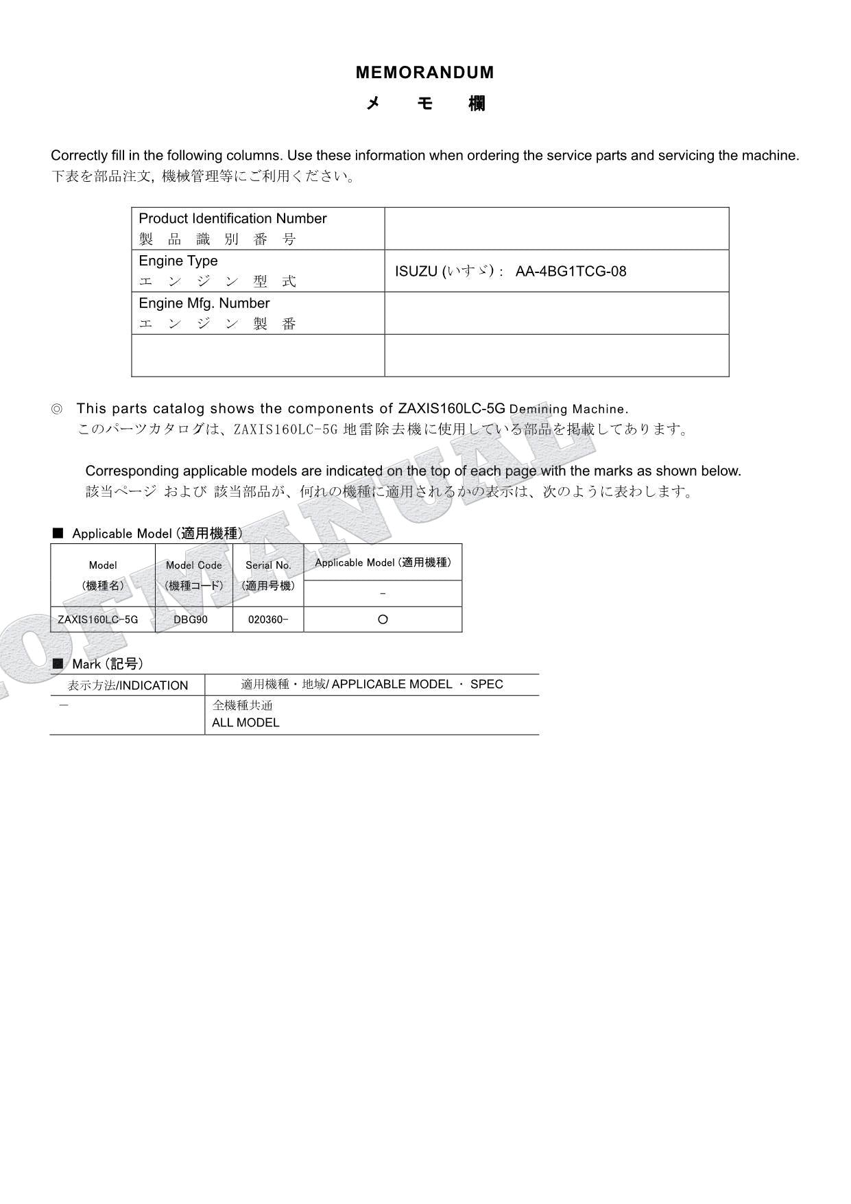 HITACHI ZAXIS ZX160LC-5G Brush Cutter Excavator Parts Catalog Manual