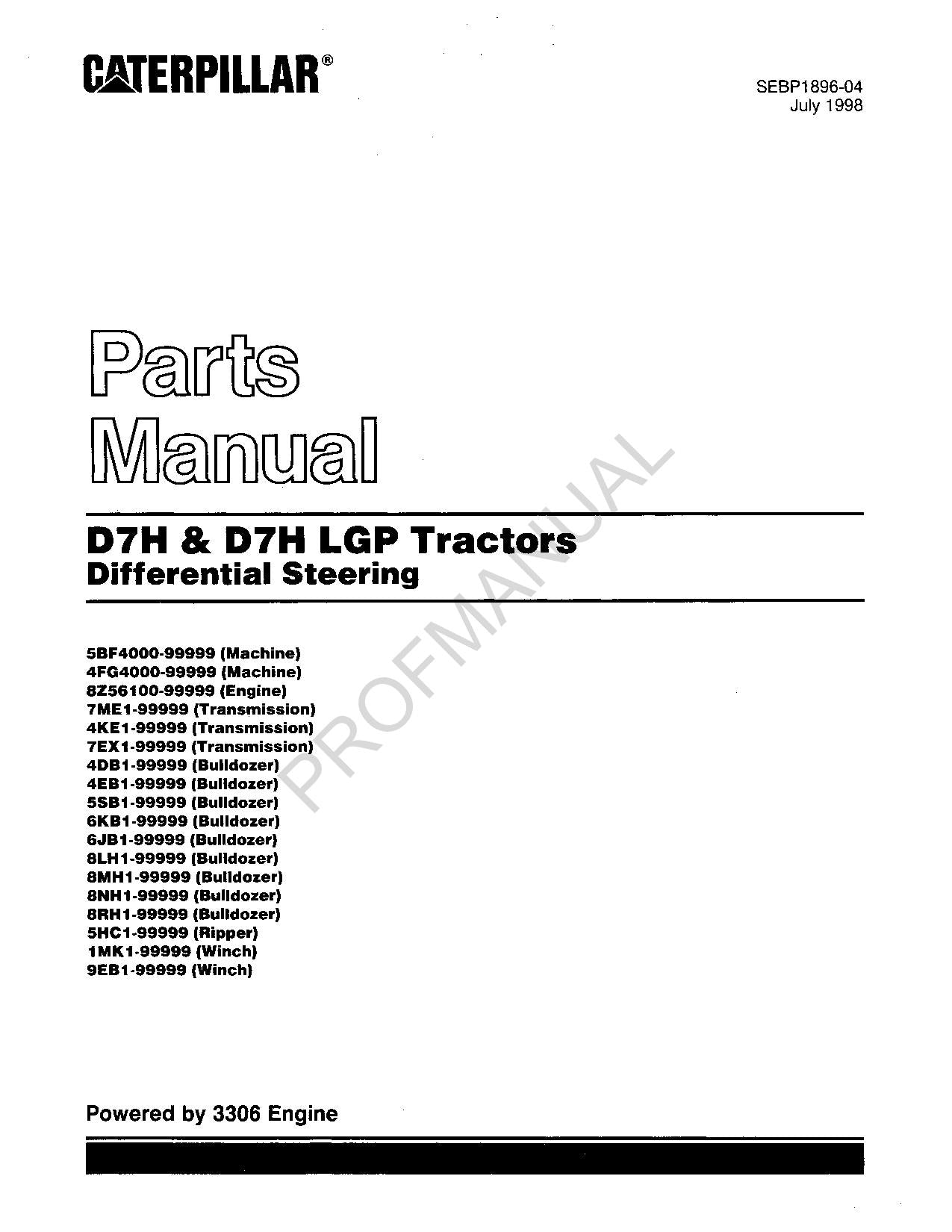 Caterpillar Cat D7H D7H LGP Tractor Parts Catalog Manual SEBP1896