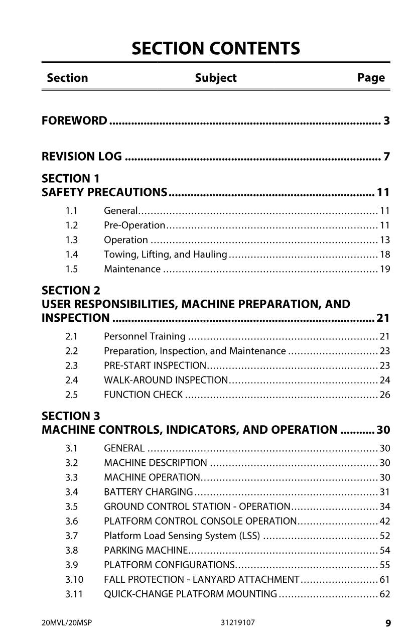 Manual del operador de mantenimiento y operación del mástil vertical JLG 20MSP 20MVL 31219107