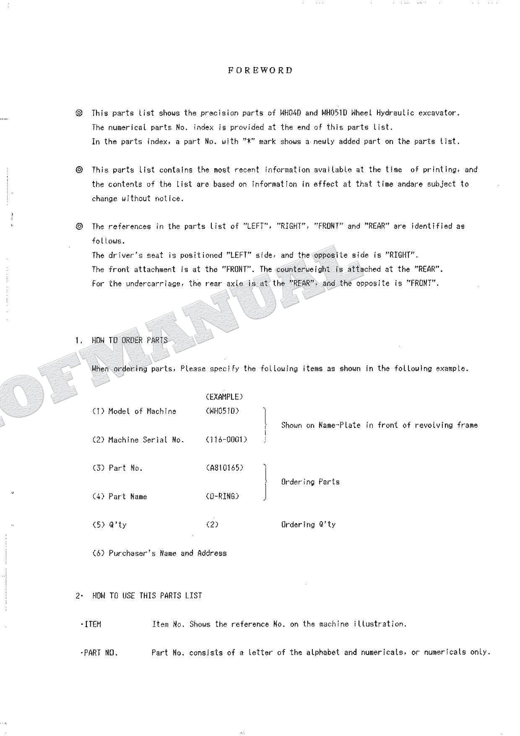 HITACHI WH04D WH051D Equipment Component Excavator Parts Catalog Manual SN 0001-
