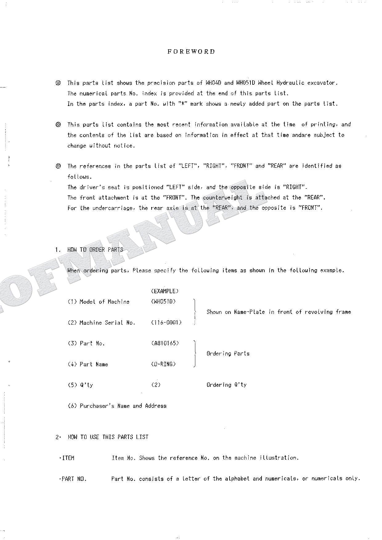 HITACHI WH04D WH051D Equipment Component Excavator Parts Catalog Manual SN 0001-
