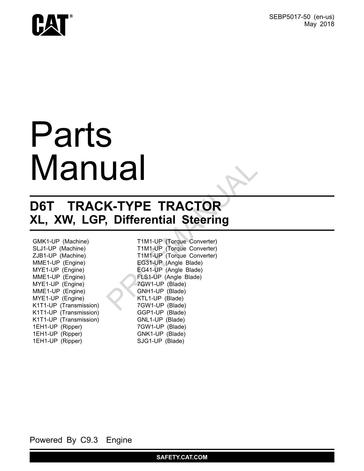 Caterpillar Cat D6T Track Type Tractor XL XW LGP Parts Catalog Manual