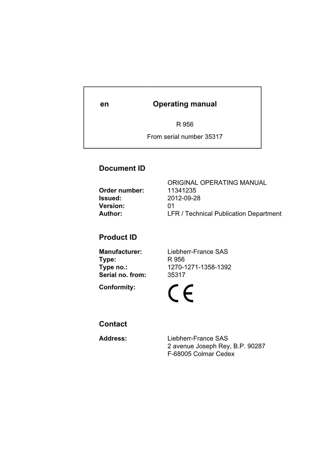 Liebherr R956 Excavator Operators manual