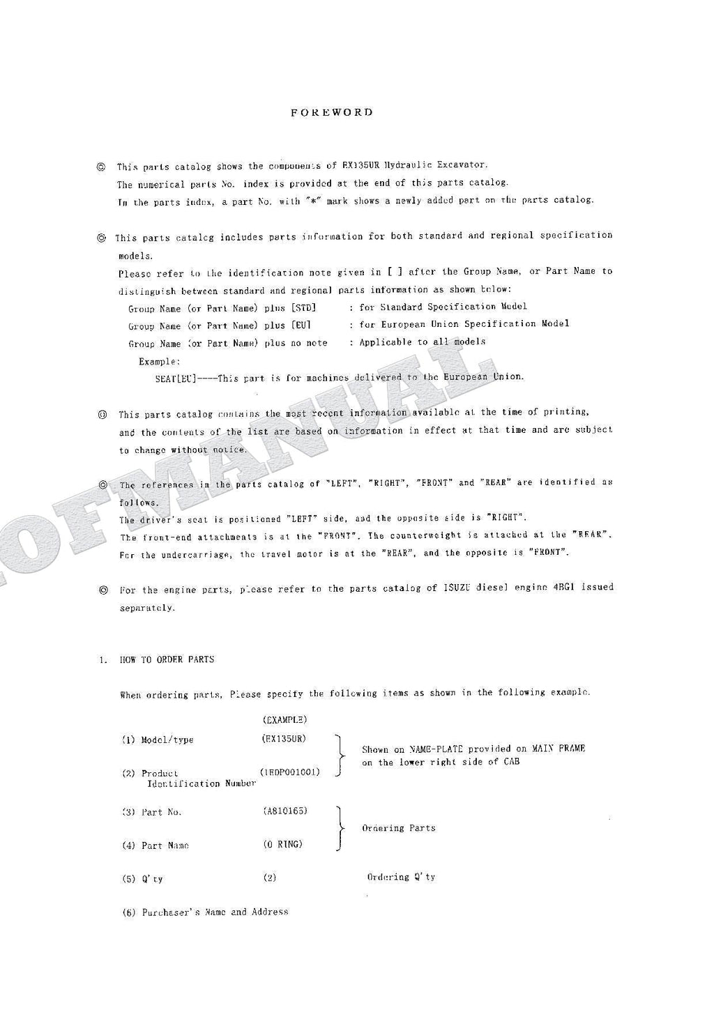 HITACHI EX135UR Excavator Parts Catalog Manual SN 001001-