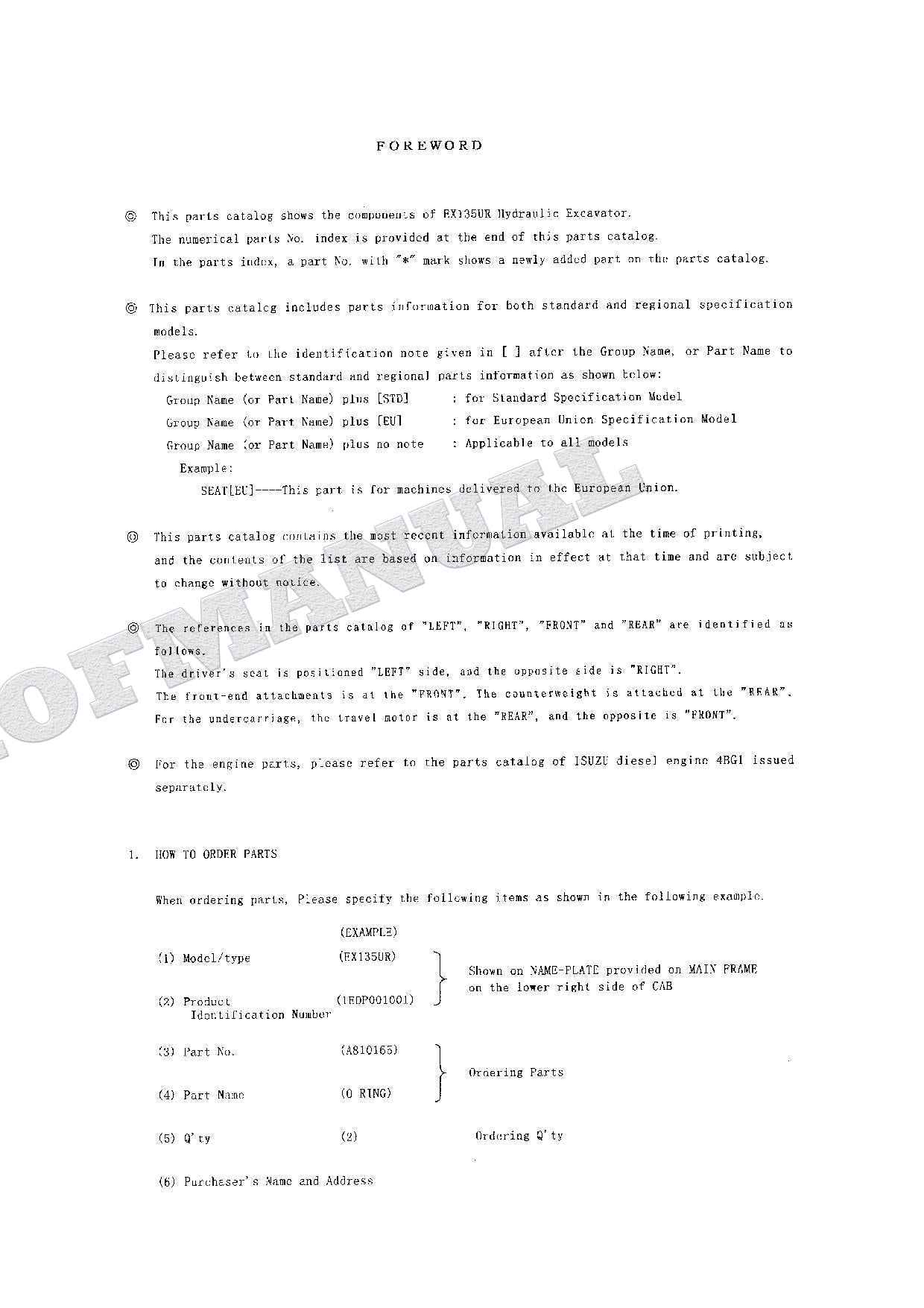 HITACHI EX135UR Excavator Parts Catalog Manual SN 001001-