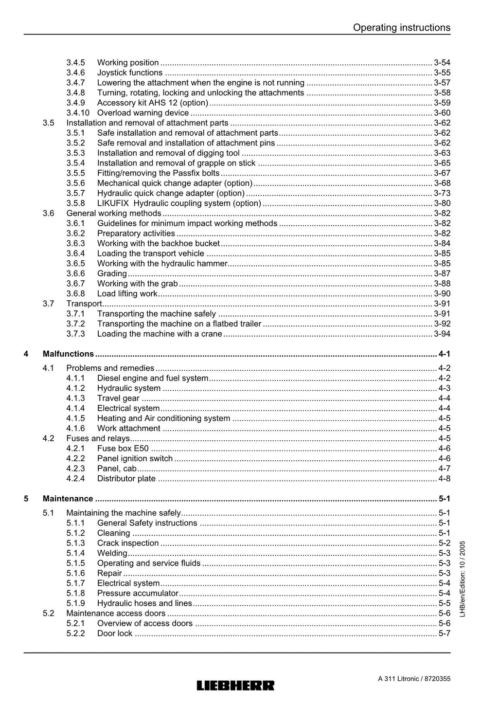Liebherr A311 Litronic Excavator  Operators manual
