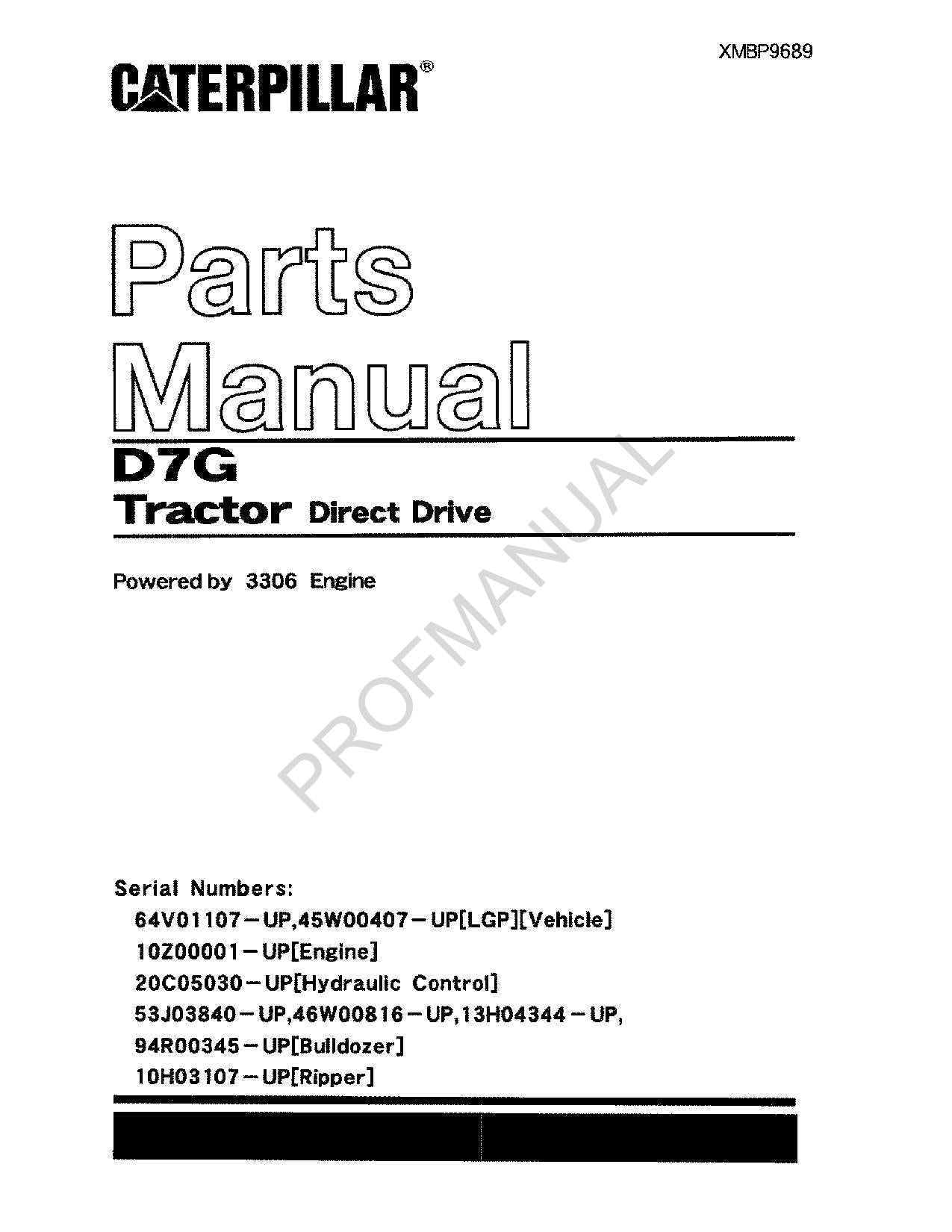 Caterpillar Cat D7G Tractor Direct Drive Parts Catalog Manual XMBP9689