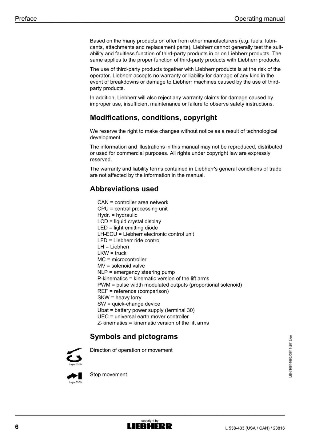 Liebherr L538-433 (USA CAN) Wheel Loader Operators manual